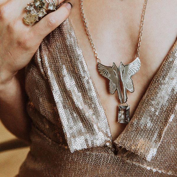 Silver Magpie Quartz Drop Necklace - model