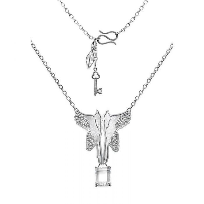 Silver Magpie Quartz Drop Necklace - model 2 - rec with clasp detail